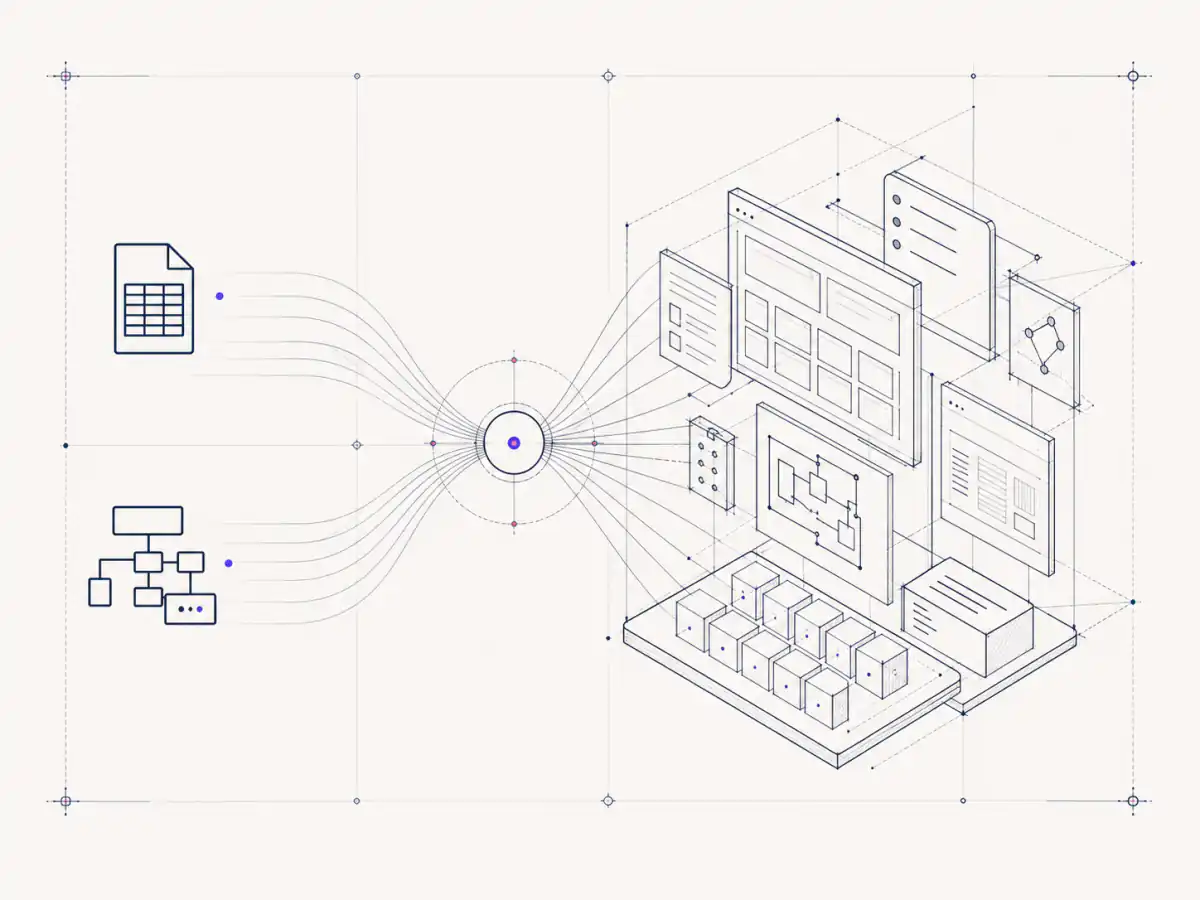 A technical blueprint showing CSV and Excel data flowing into a Betty Blocks application